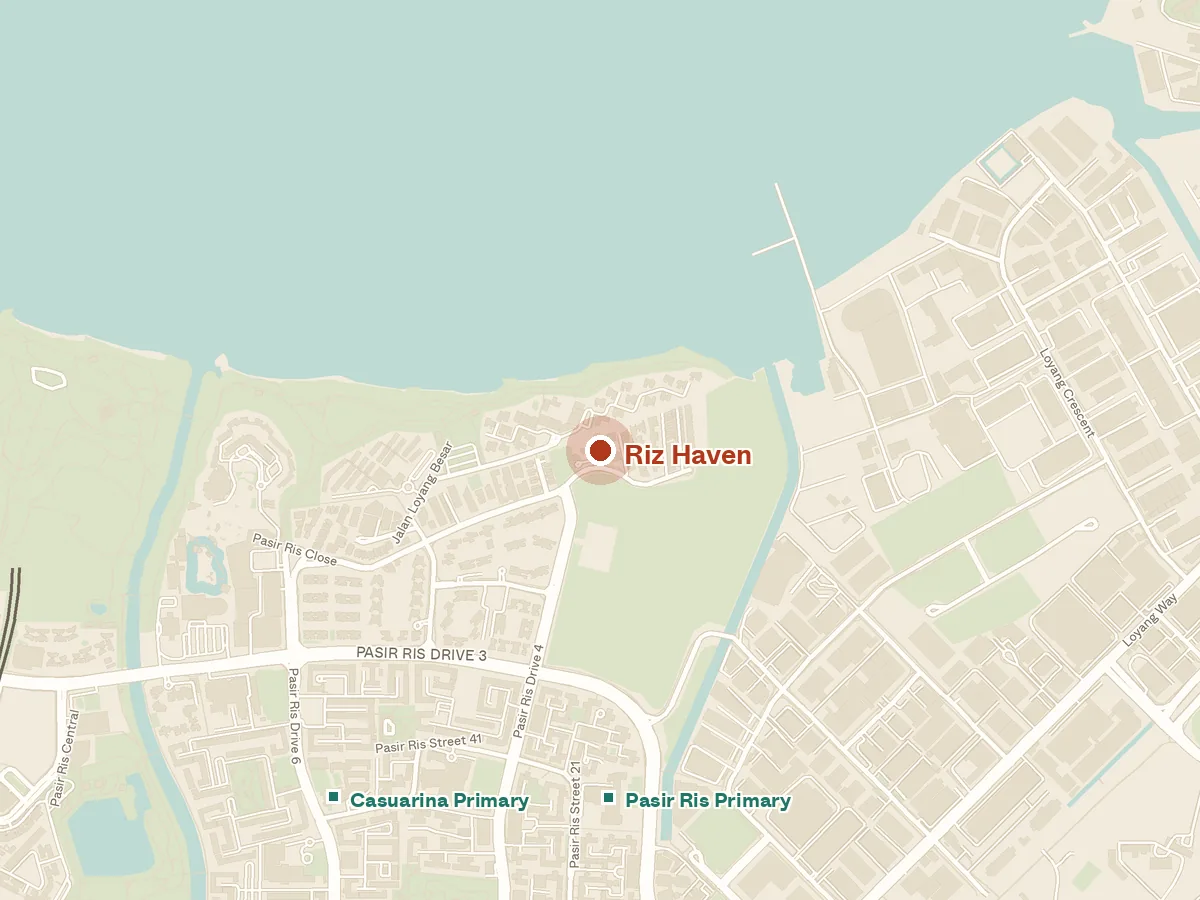 Map of the area around Riz Haven, with nearby MRT stations and primary schools