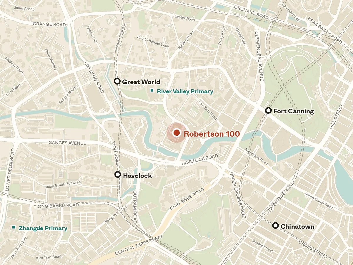 Map of the area around Robertson 100, with nearby MRT stations and primary schools
