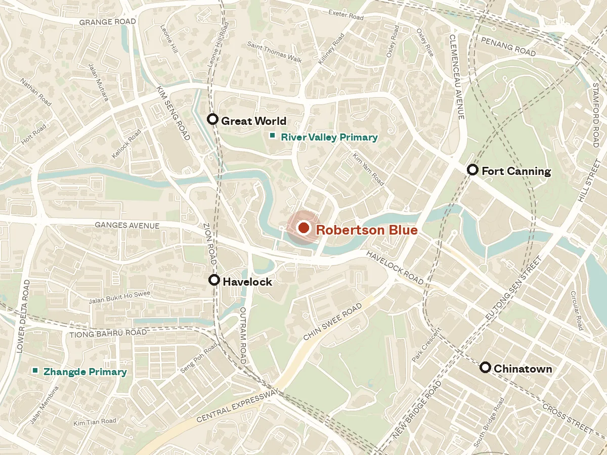 Map of the area around Robertson Blue, with nearby MRT stations and primary schools
