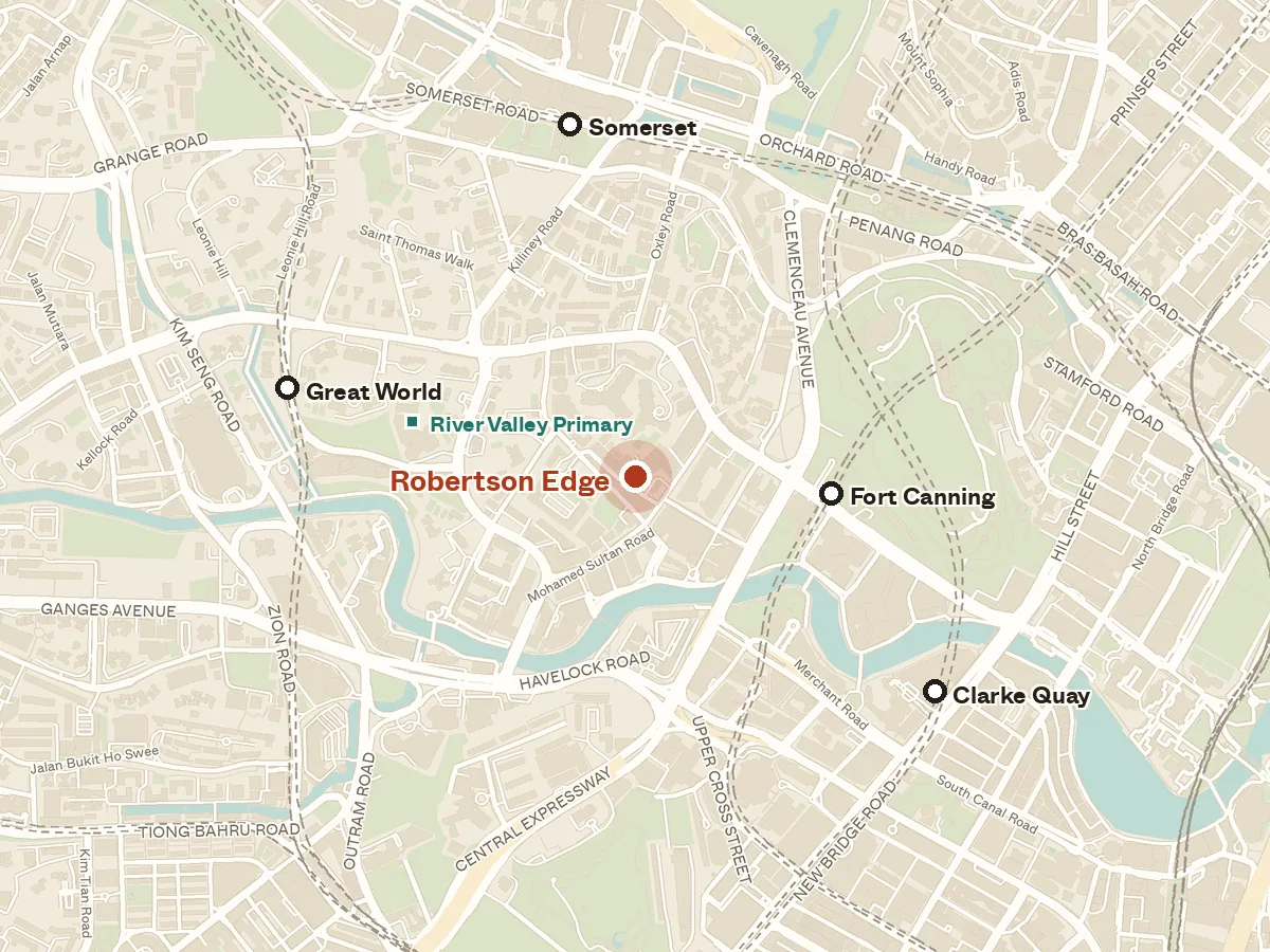 Map of the area around Robertson Edge, with nearby MRT stations and primary schools
