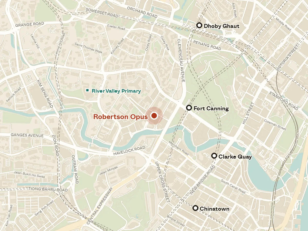 Map of the area around Robertson Opus, with nearby MRT stations and primary schools