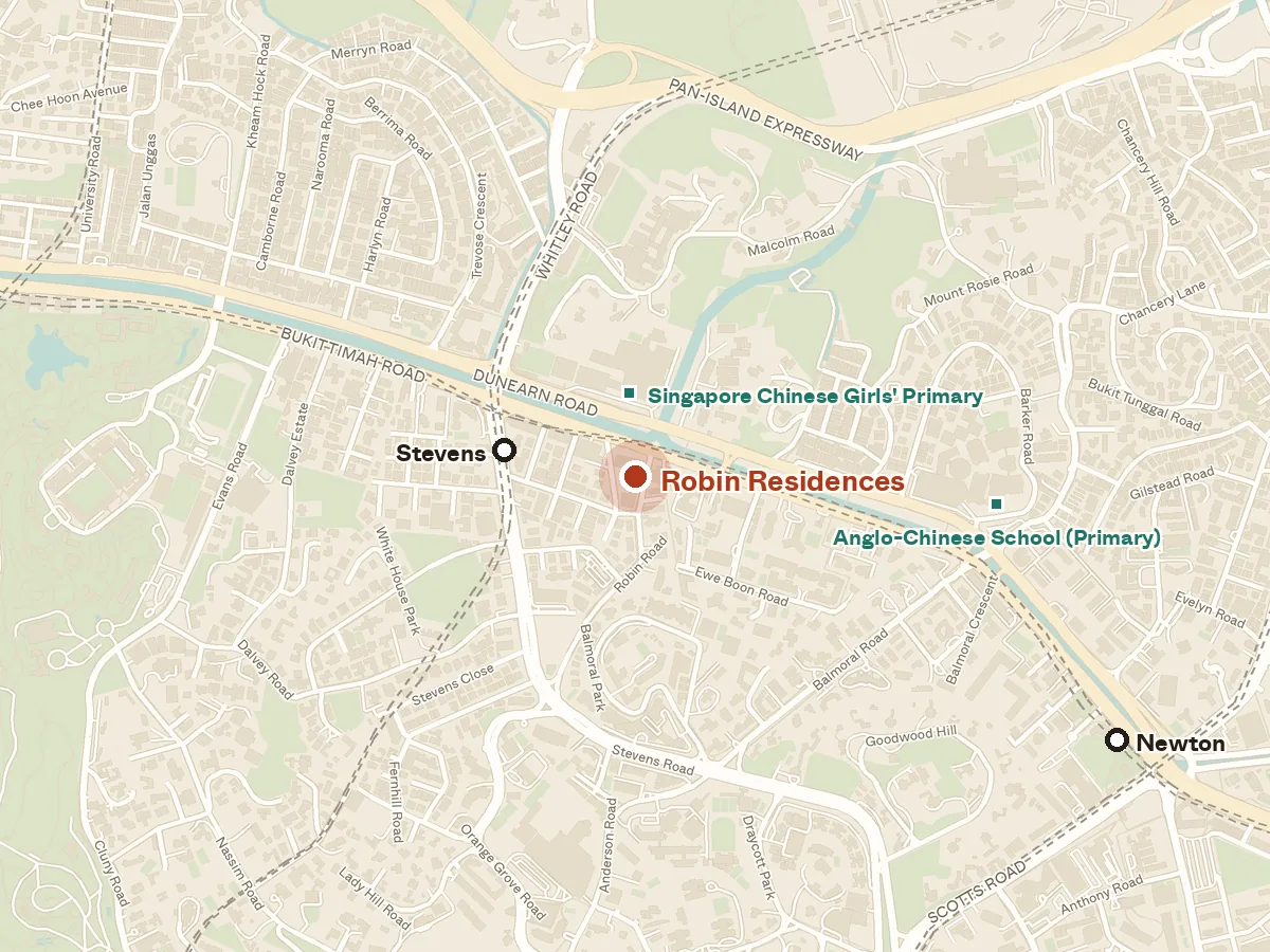 Map of the area around Robin Residences, with nearby MRT stations and primary schools