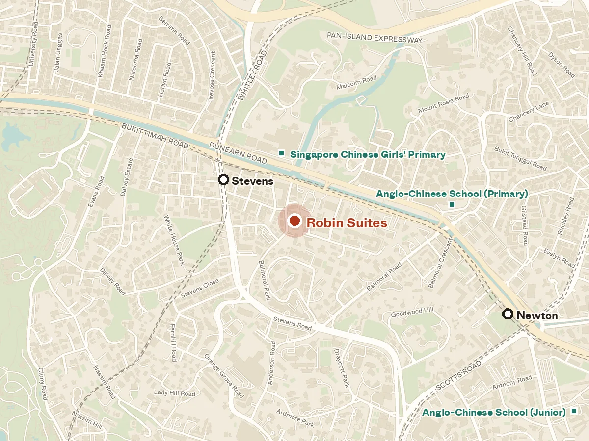 Map of the area around Robin Suites, with nearby MRT stations and primary schools