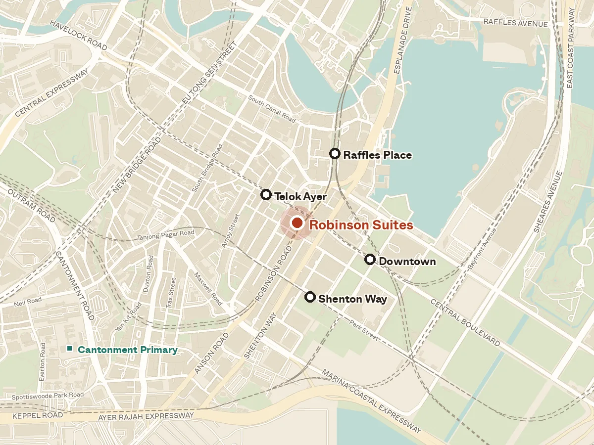 Map of the area around Robinson Suites, with nearby MRT stations and primary schools