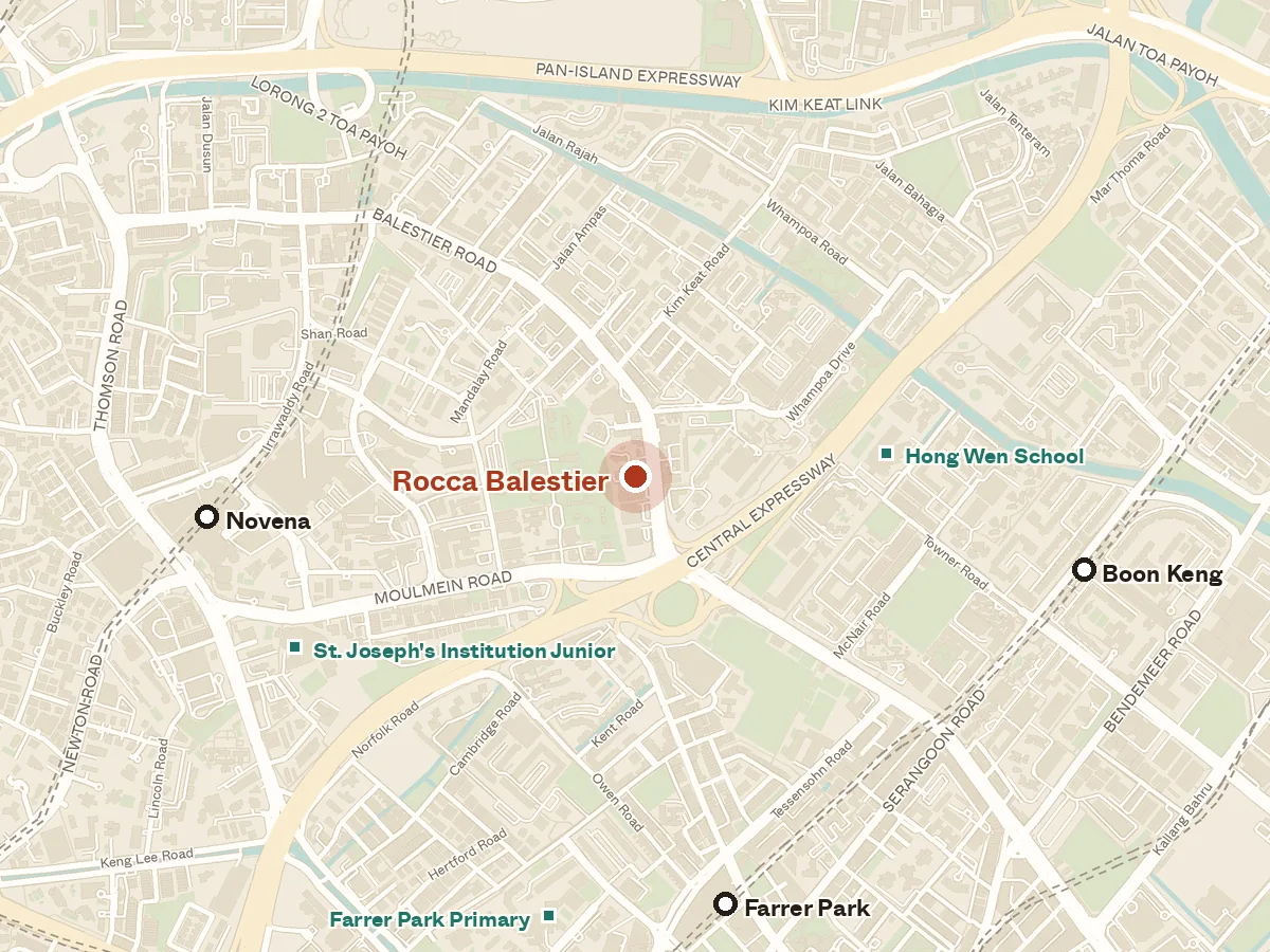 Map of the area around Rocca Balestier, with nearby MRT stations and primary schools