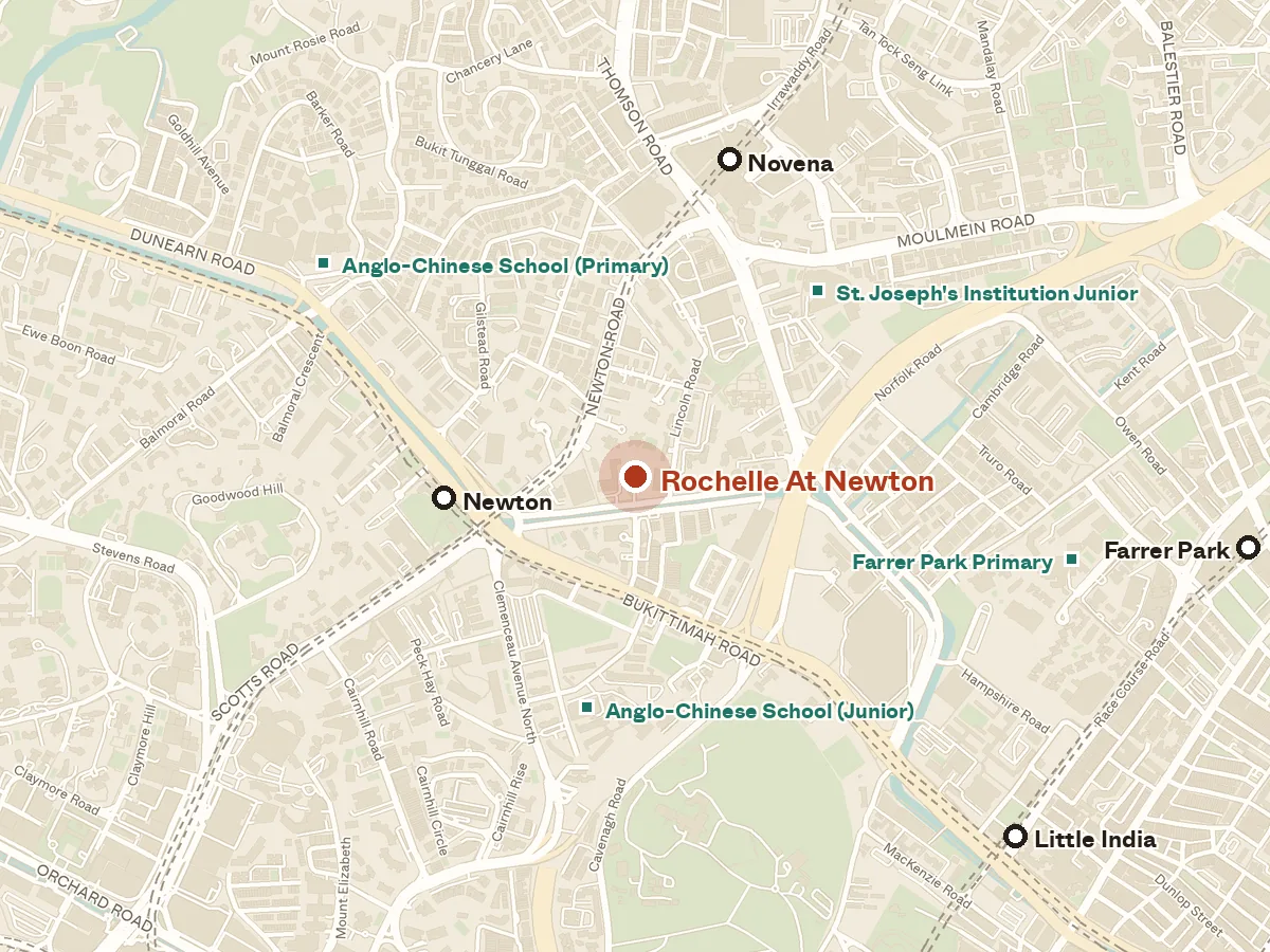 Map of the area around Rochelle at Newton, with nearby MRT stations and primary schools