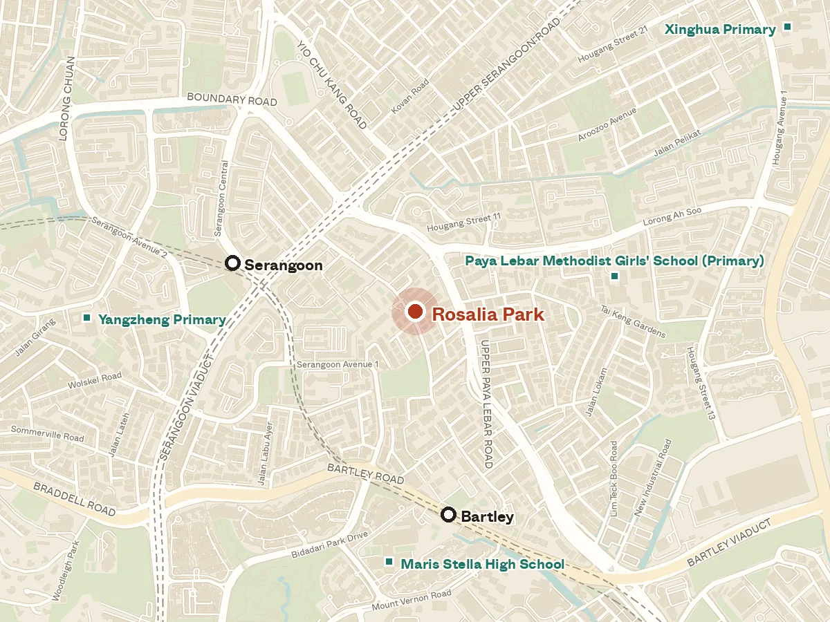 Map of the area around Rosalia Park, with nearby MRT stations and primary schools