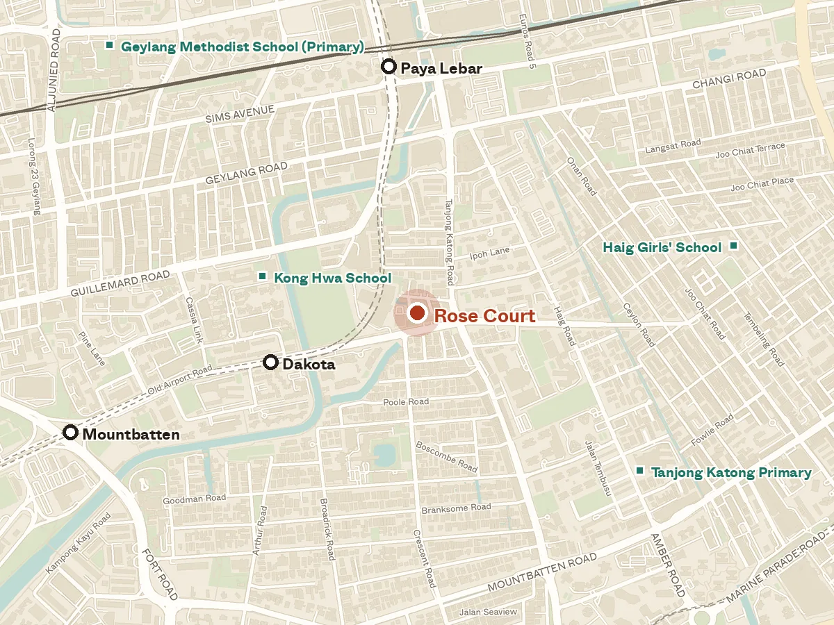 Map of the area around Rose Court, with nearby MRT stations and primary schools