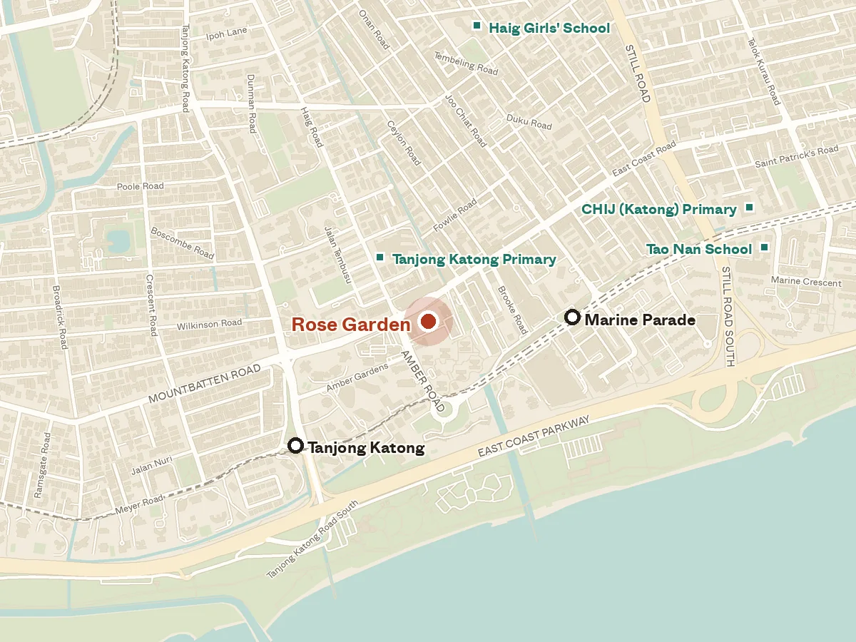 Map of the area around Rose Garden, with nearby MRT stations and primary schools