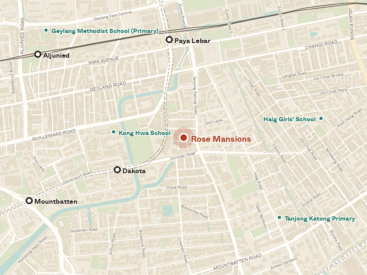 Map of the area around Rose Mansions, with nearby MRT stations and primary schools