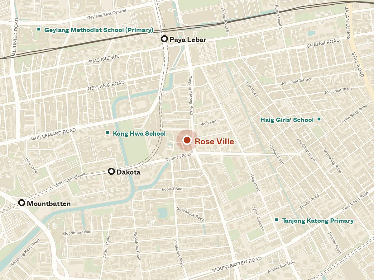 Map of the area around Rose Ville, with nearby MRT stations and primary schools
