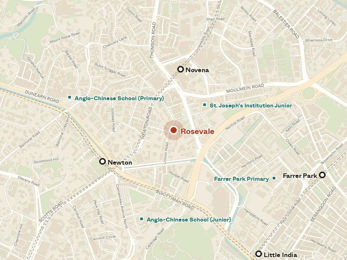 Map of the area around Rosevale, with nearby MRT stations and primary schools