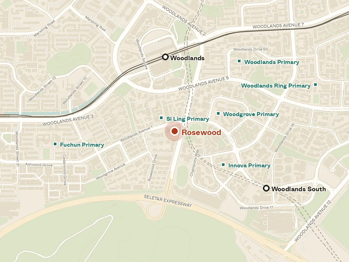 Map of the area around Rosewood, with nearby MRT stations and primary schools
