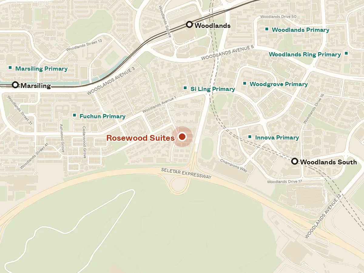 Map of the area around Rosewood Suites, with nearby MRT stations and primary schools