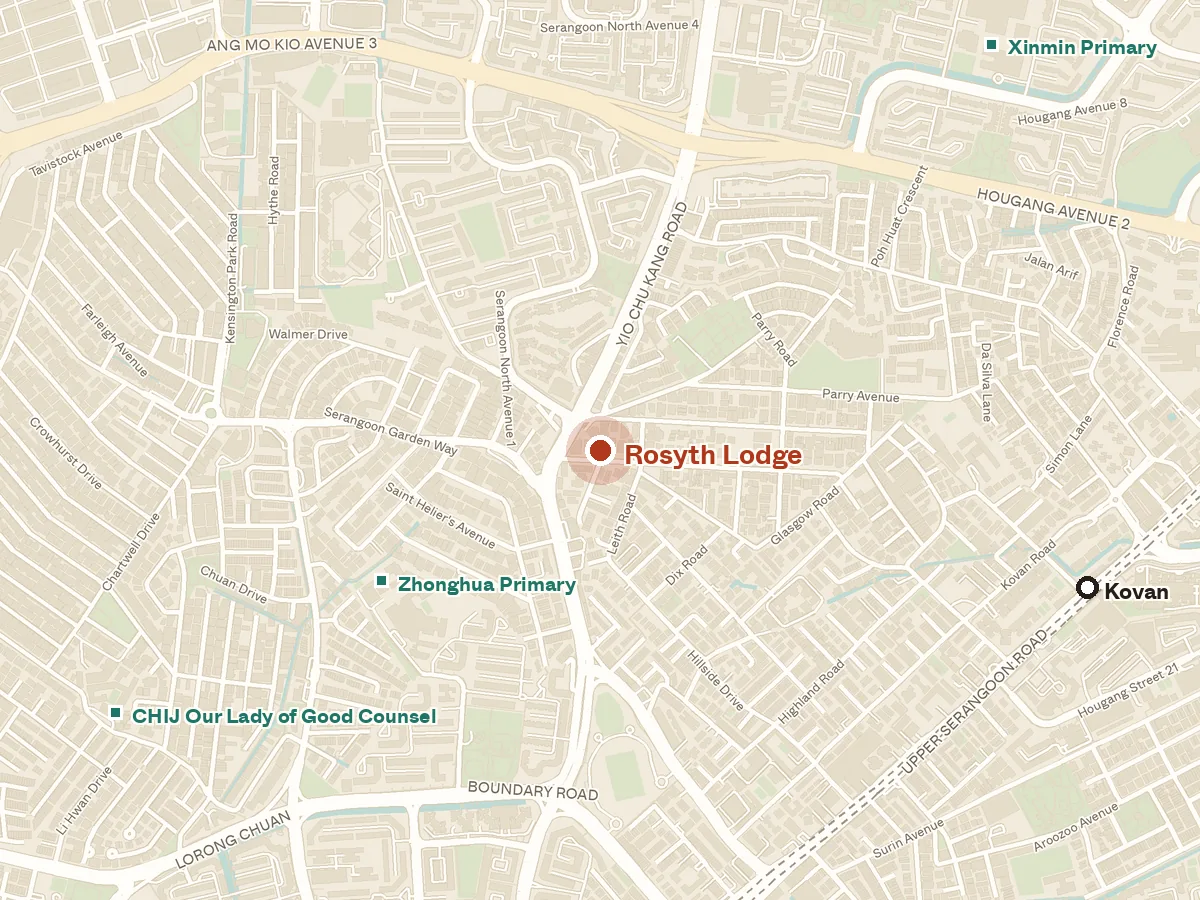 Map of the area around Rosyth Lodge, with nearby MRT stations and primary schools