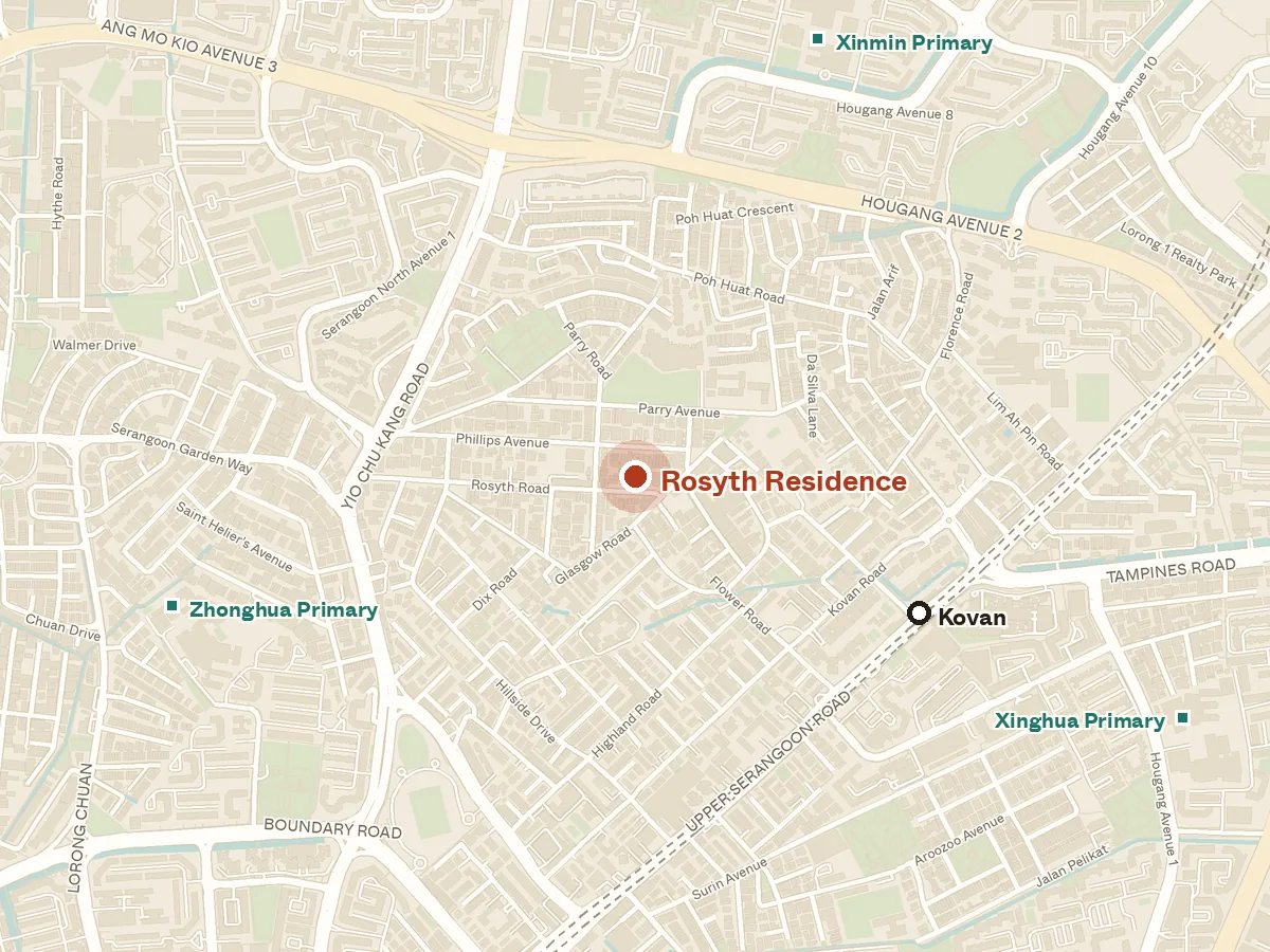 Map of the area around Rosyth Residence, with nearby MRT stations and primary schools