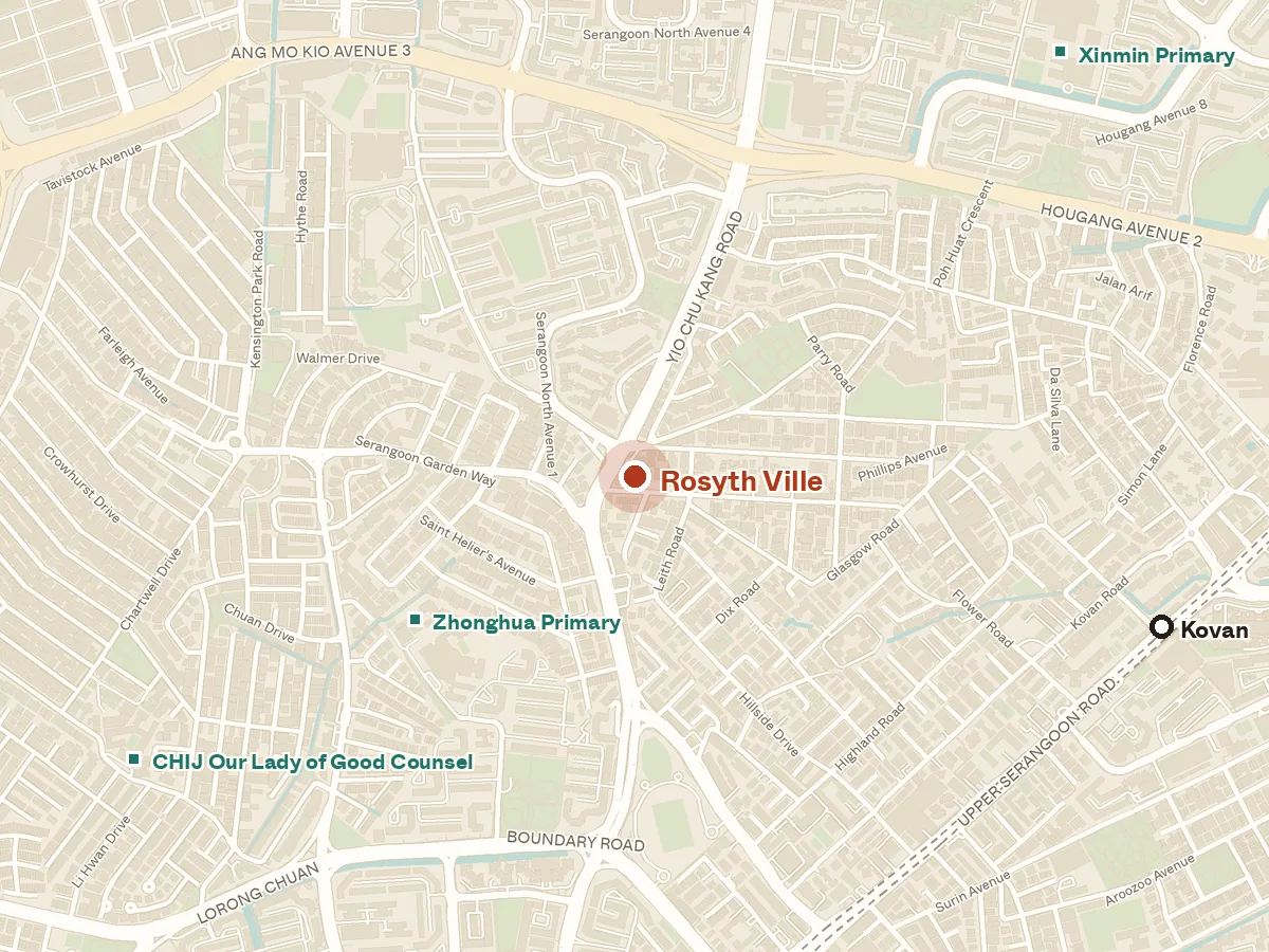 Map of the area around Rosyth Ville, with nearby MRT stations and primary schools