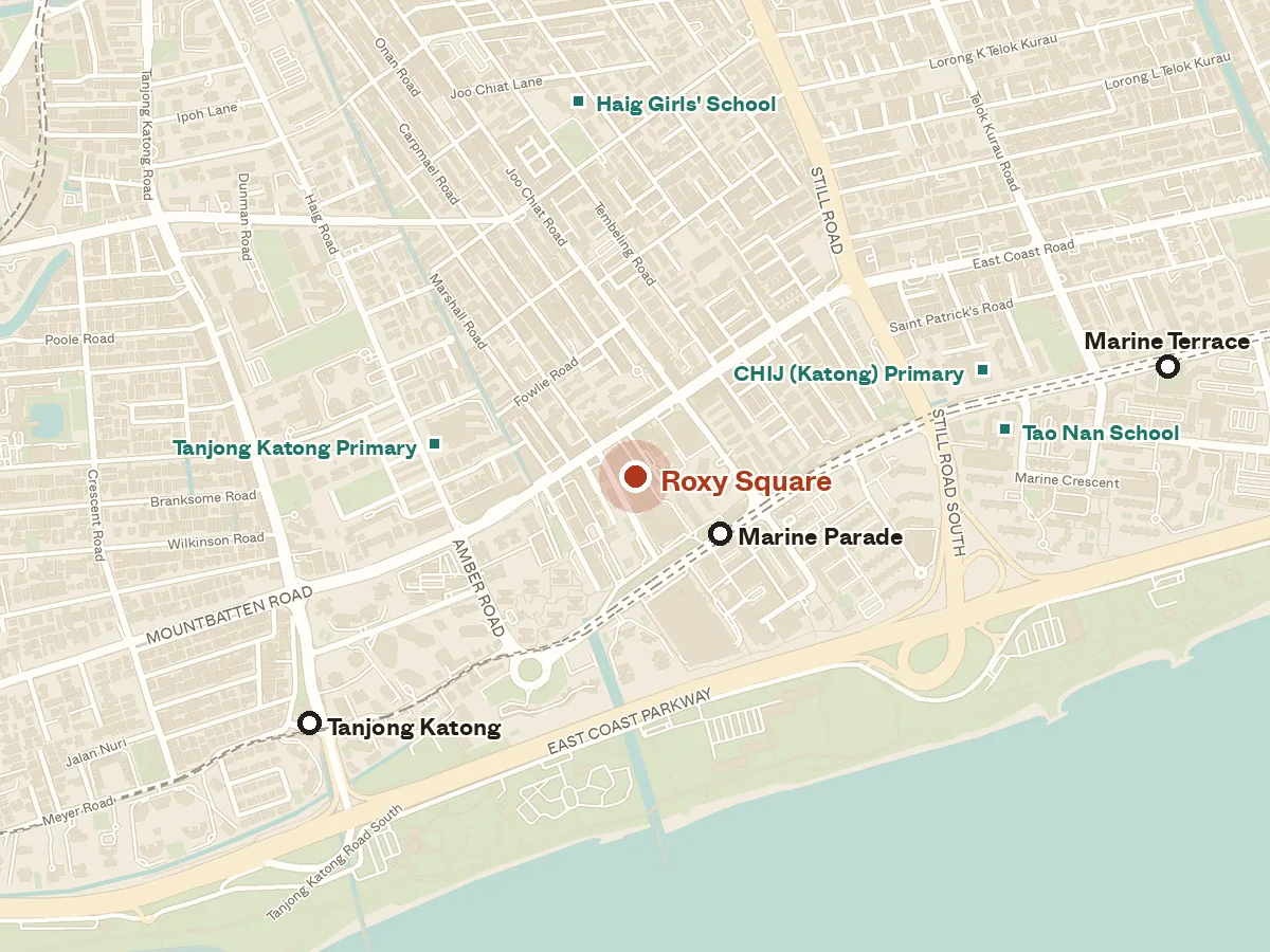 Map of the area around Roxy Square, with nearby MRT stations and primary schools
