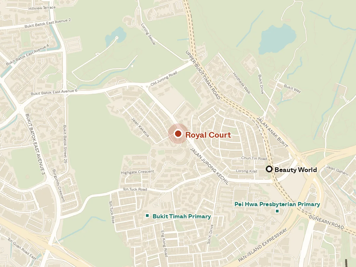 Map of the area around Royal Court, with nearby MRT stations and primary schools