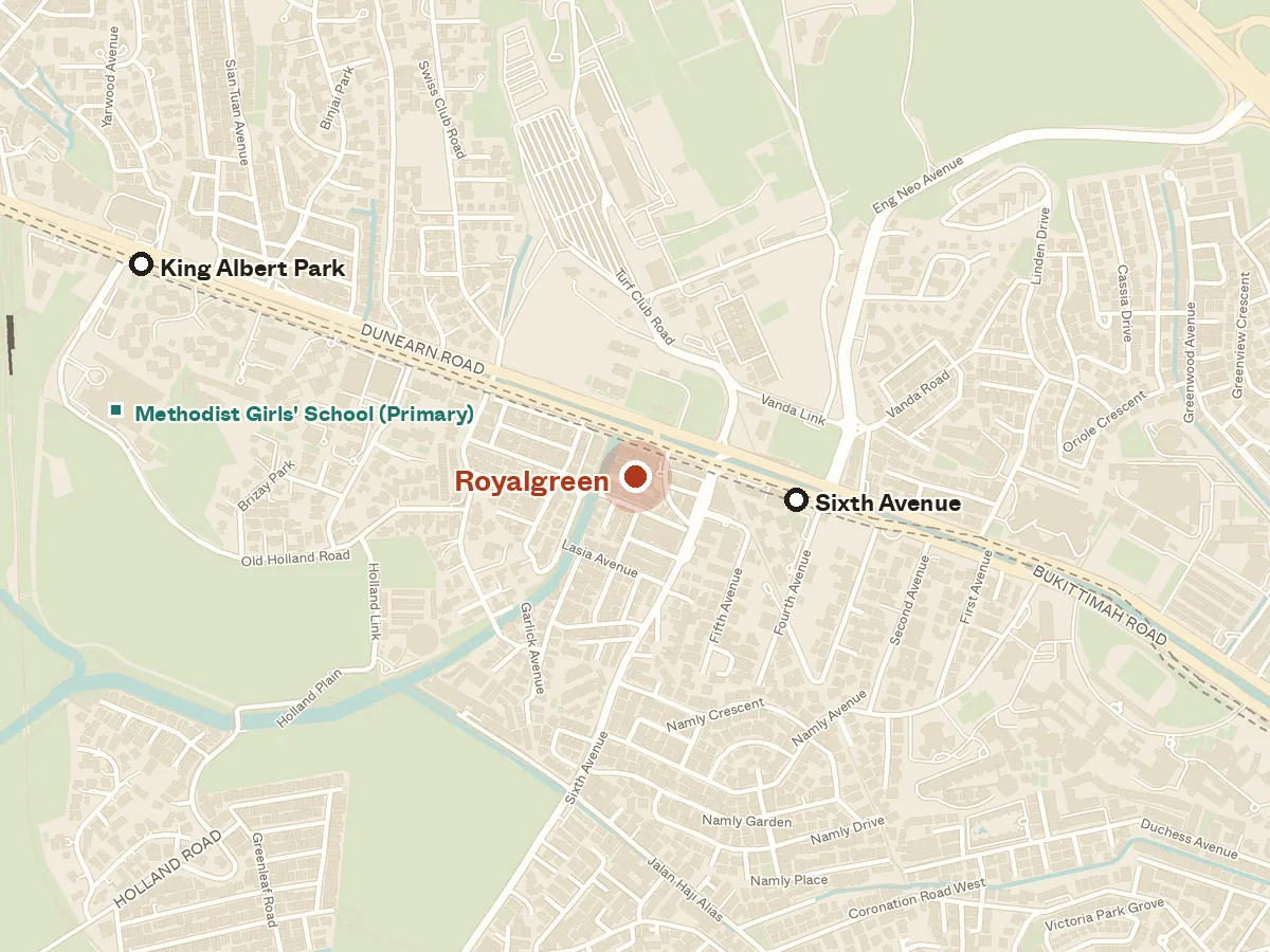 Map of the area around Royalgreen, with nearby MRT stations and primary schools