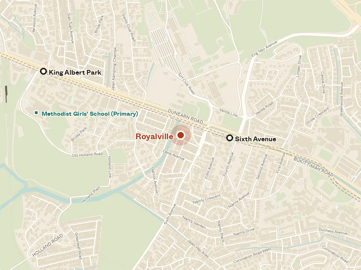 Map of the area around Royalville, with nearby MRT stations and primary schools