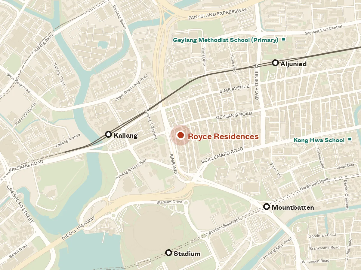Map of the area around Royce Residences, with nearby MRT stations and primary schools