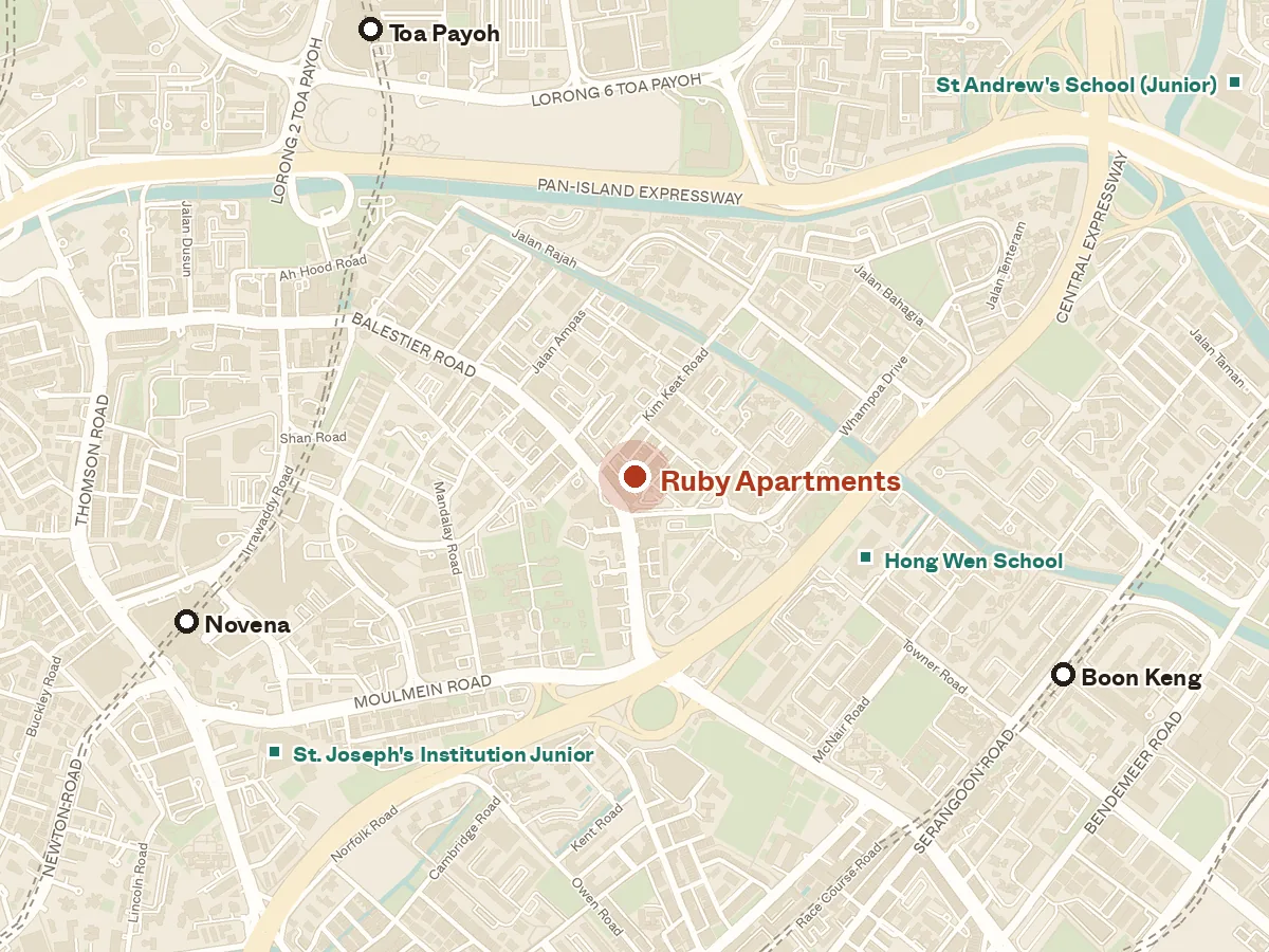 Map of the area around Ruby Apartments, with nearby MRT stations and primary schools
