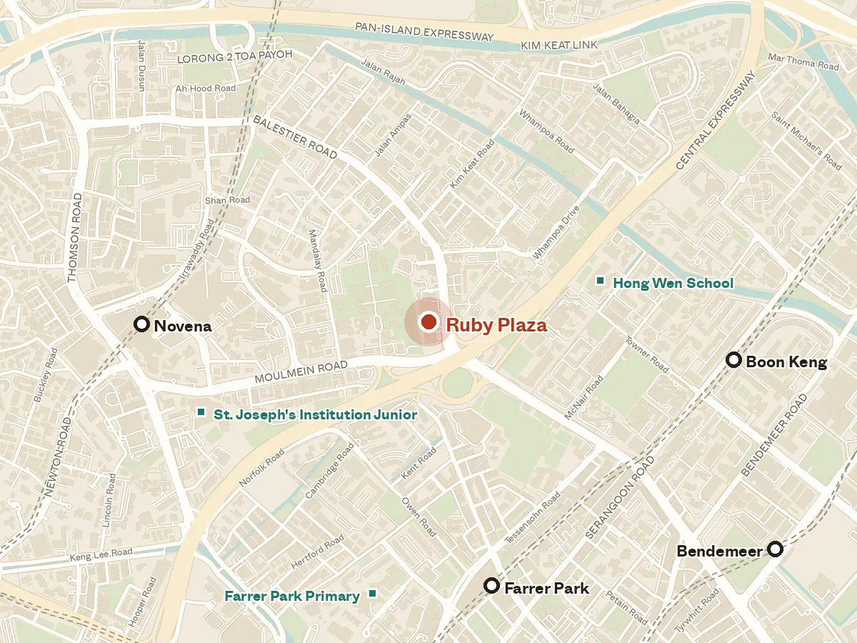Map of the area around Ruby Plaza, with nearby MRT stations and primary schools