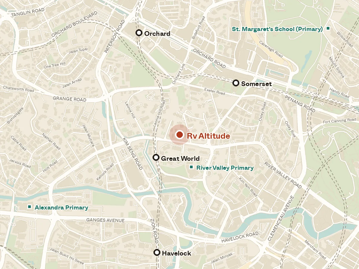 Map of the area around Rv Altitude, with nearby MRT stations and primary schools