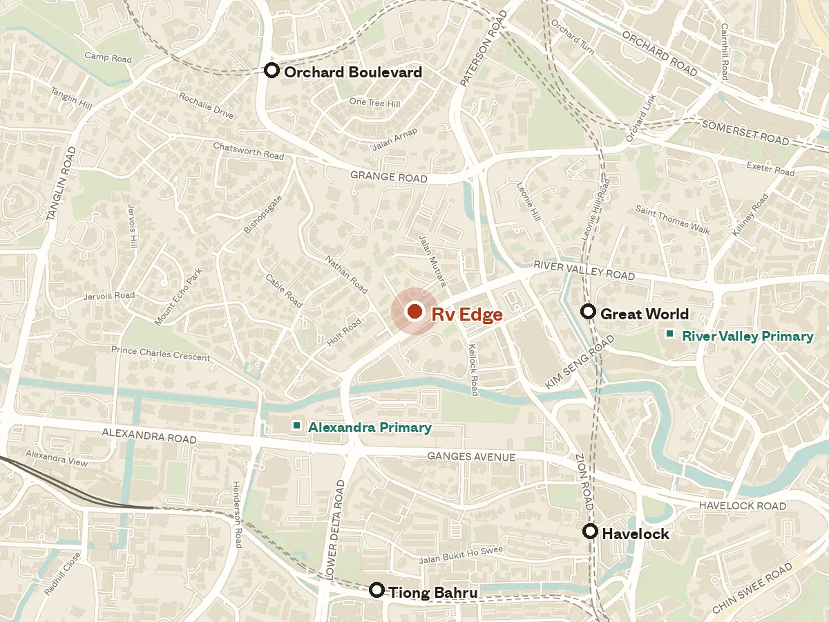 Map of the area around Rv Edge, with nearby MRT stations and primary schools