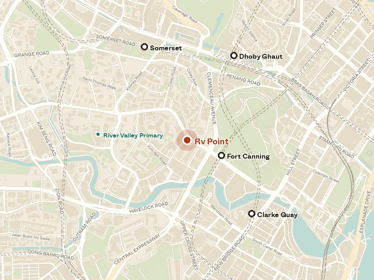 Map of the area around Rv Point, with nearby MRT stations and primary schools