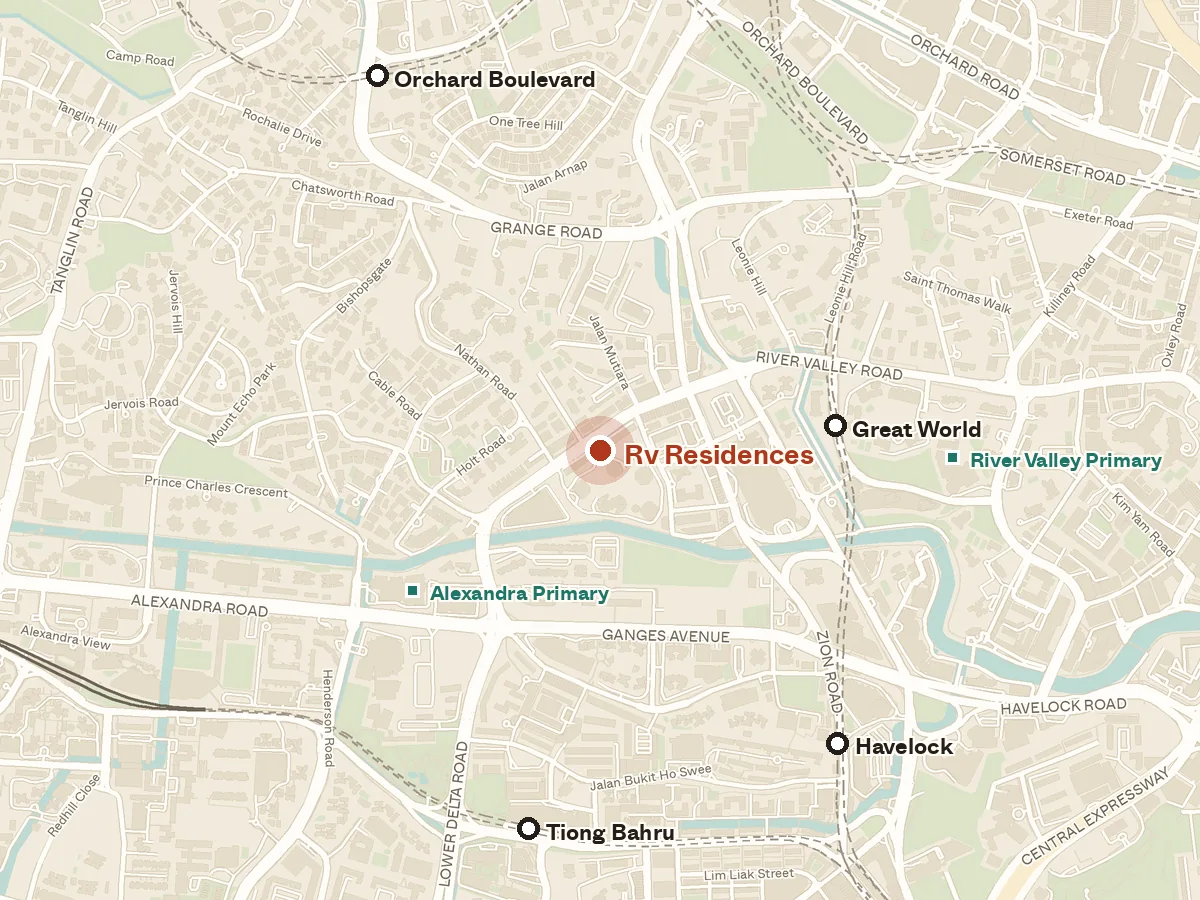 Map of the area around Rv Residences, with nearby MRT stations and primary schools