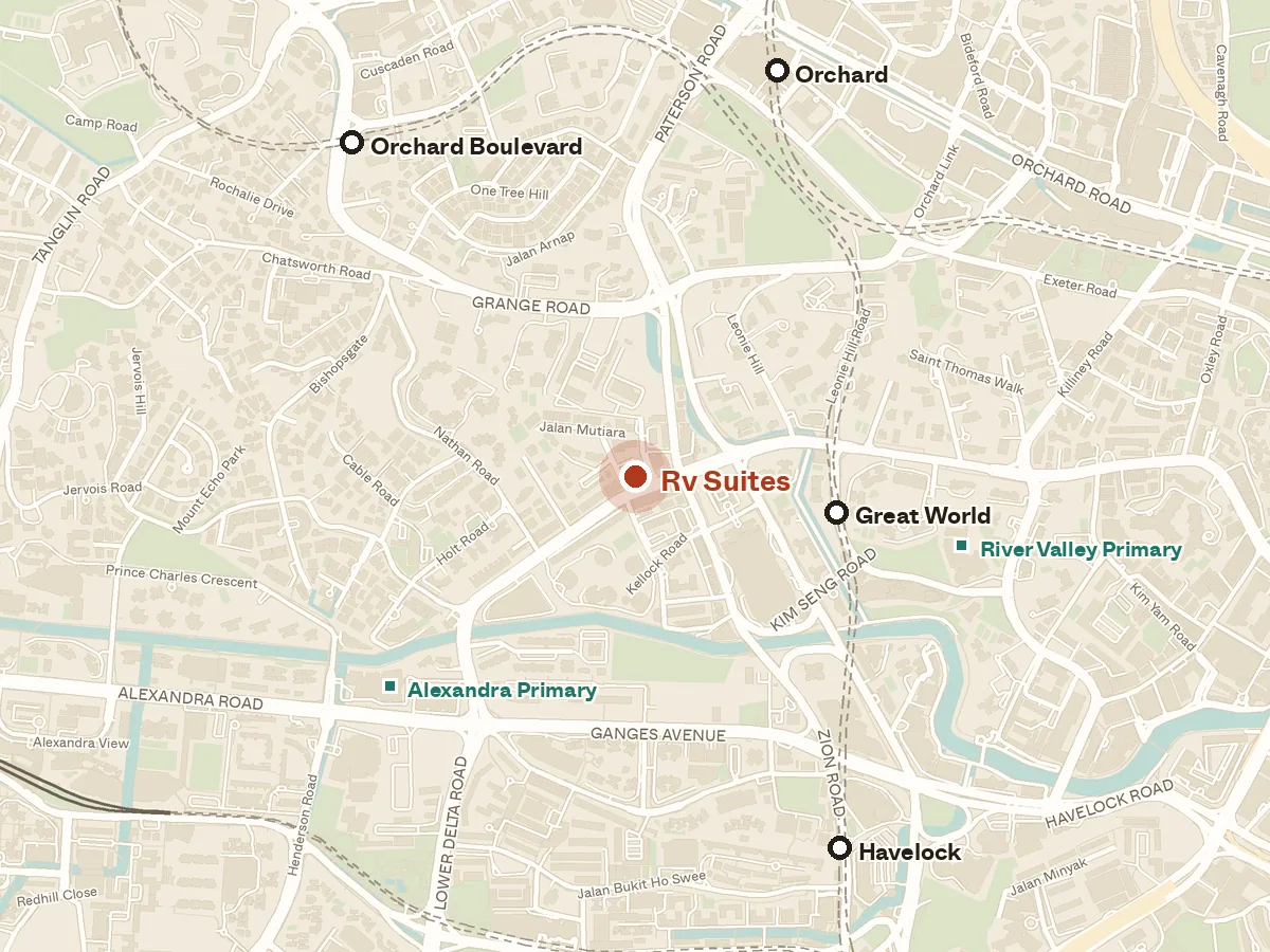 Map of the area around Rv Suites, with nearby MRT stations and primary schools