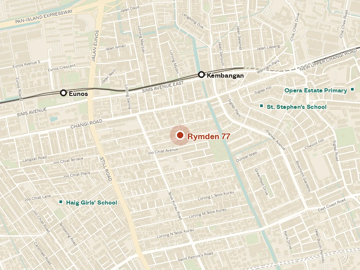 Map of the area around Rymden 77, with nearby MRT stations and primary schools