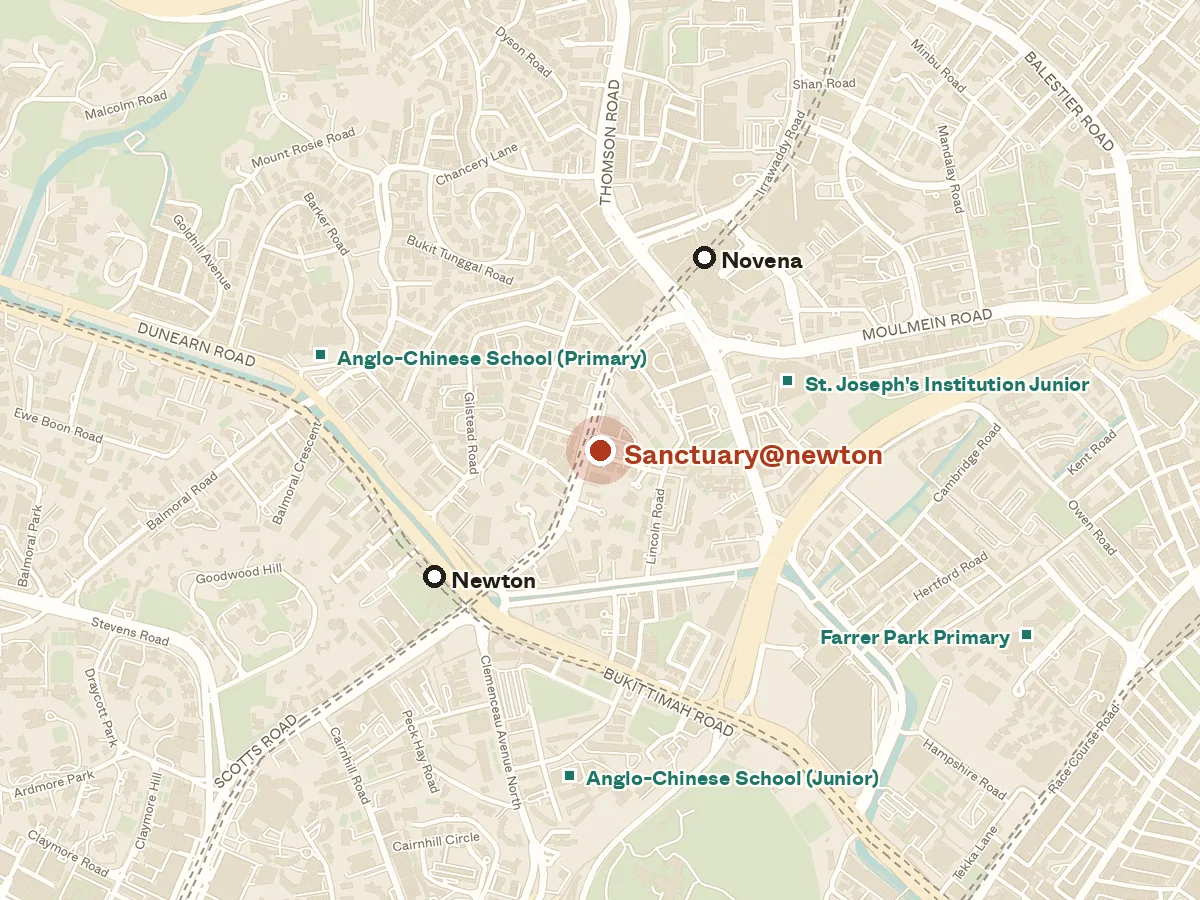 Map of the area around Sanctuary@newton, with nearby MRT stations and primary schools