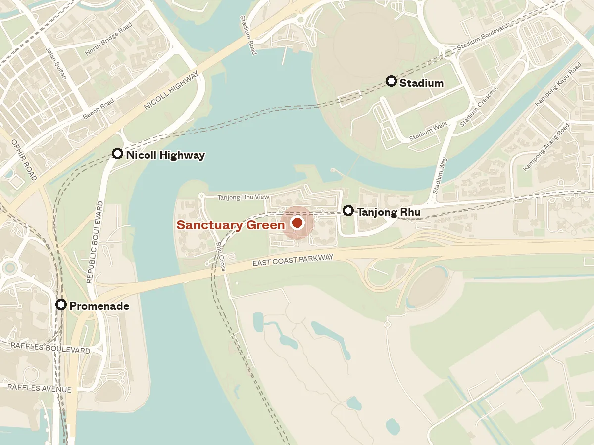 Map of the area around Sanctuary Green, with nearby MRT stations and primary schools