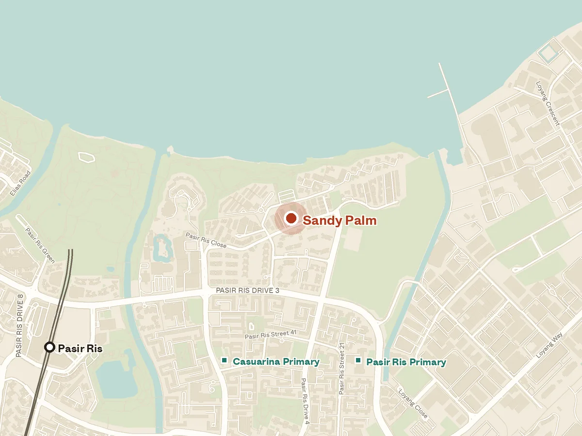 Map of the area around Sandy Palm, with nearby MRT stations and primary schools