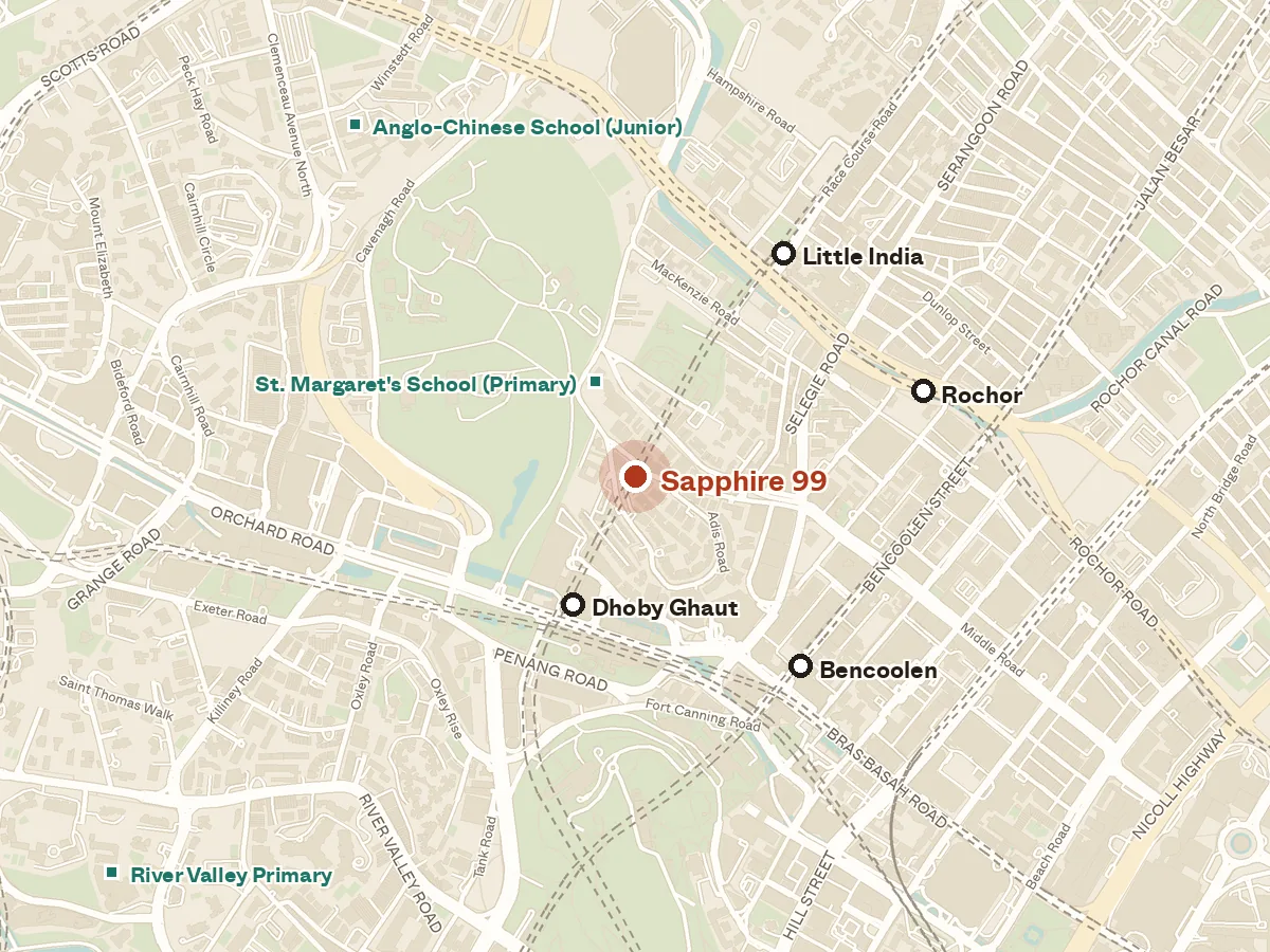 Map of the area around Sapphire 99, with nearby MRT stations and primary schools