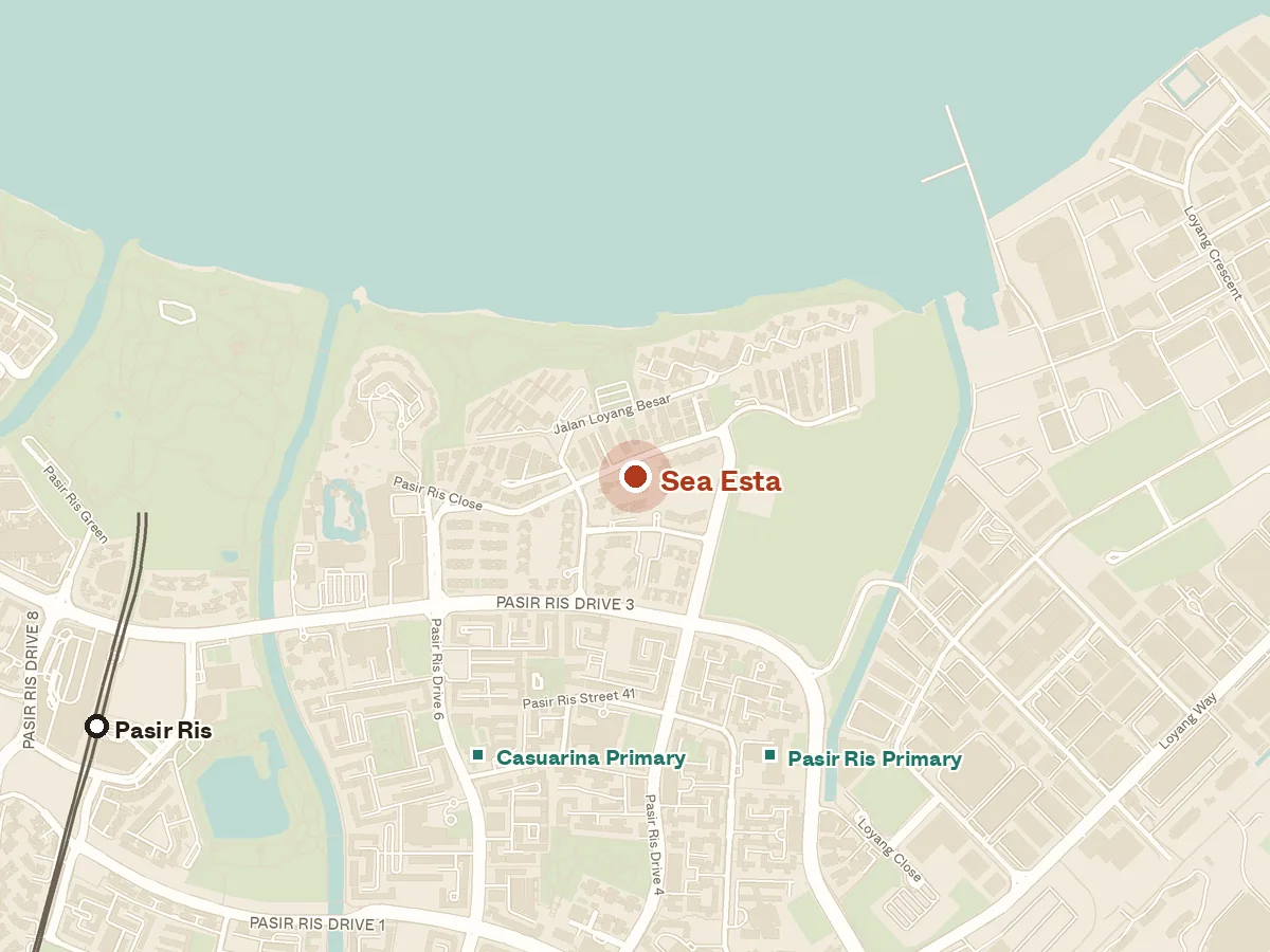 Map of the area around Sea Esta, with nearby MRT stations and primary schools