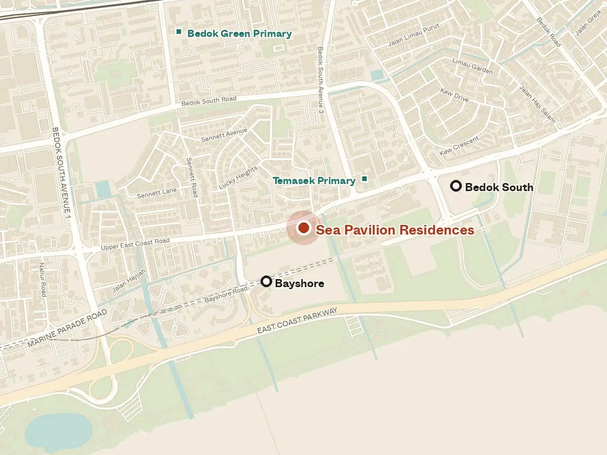Map of the area around Sea Pavilion Residences, with nearby MRT stations and primary schools
