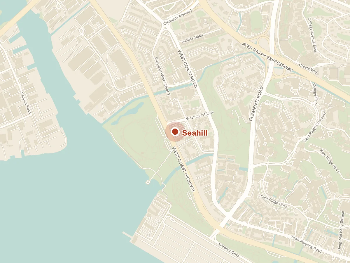 Map of the area around Seahill, with nearby MRT stations and primary schools