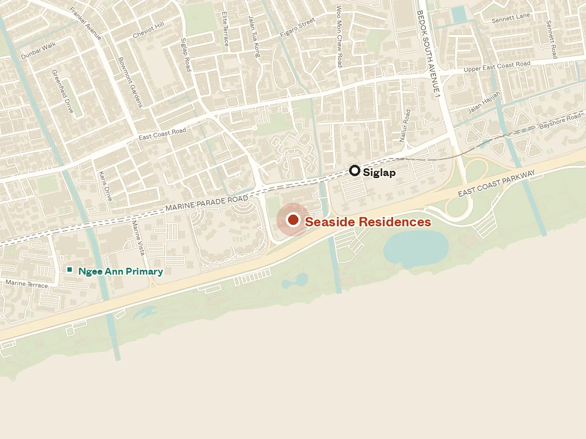 Map of the area around Seaside Residences, with nearby MRT stations and primary schools