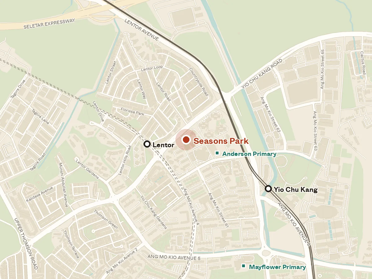 Map of the area around Seasons Park, with nearby MRT stations and primary schools