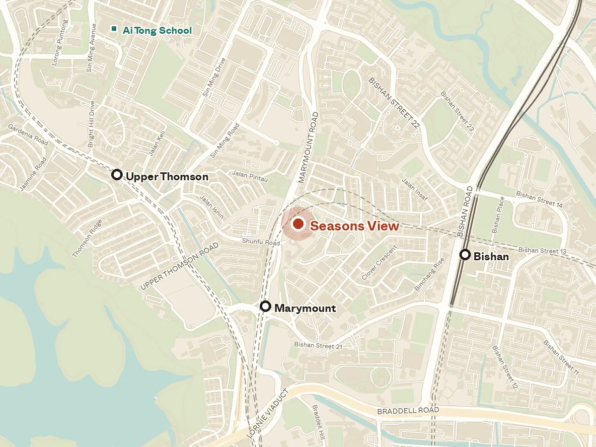 Map of the area around Seasons View, with nearby MRT stations and primary schools