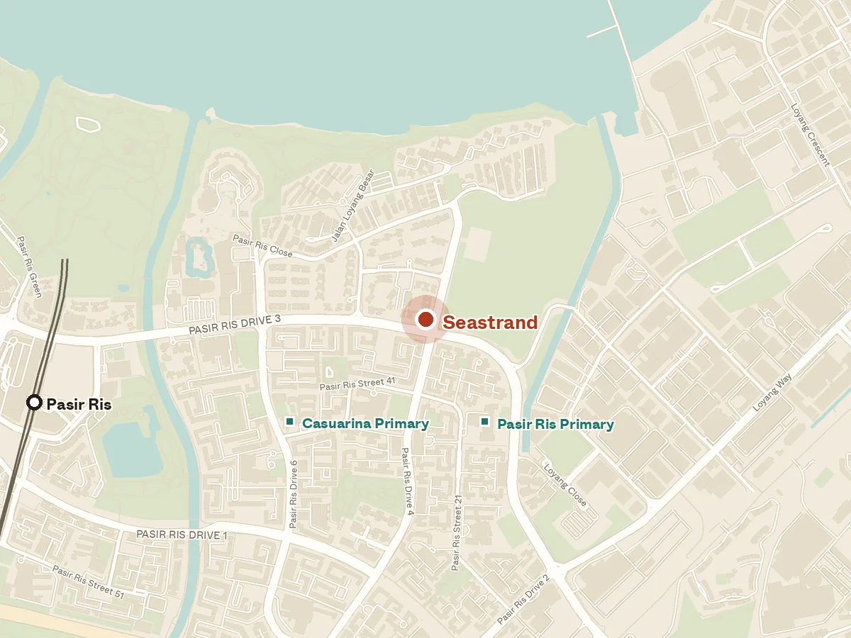 Map of the area around Seastrand, with nearby MRT stations and primary schools