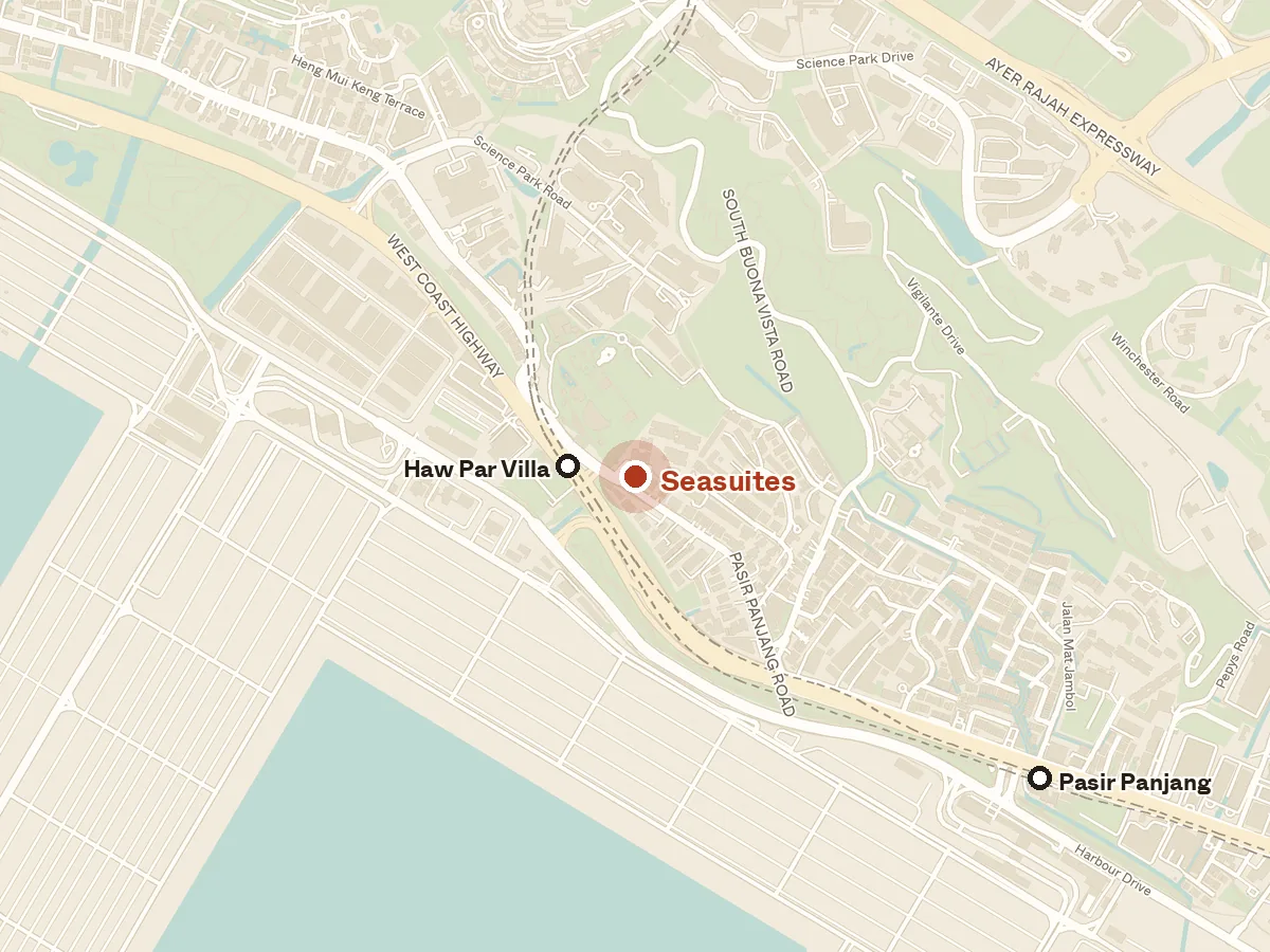 Map of the area around Seasuites, with nearby MRT stations and primary schools