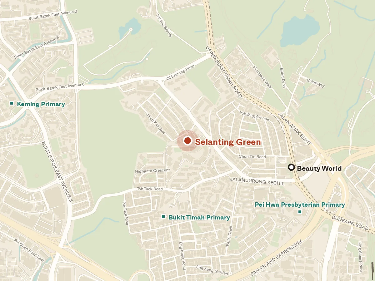 Map of the area around Selanting Green, with nearby MRT stations and primary schools