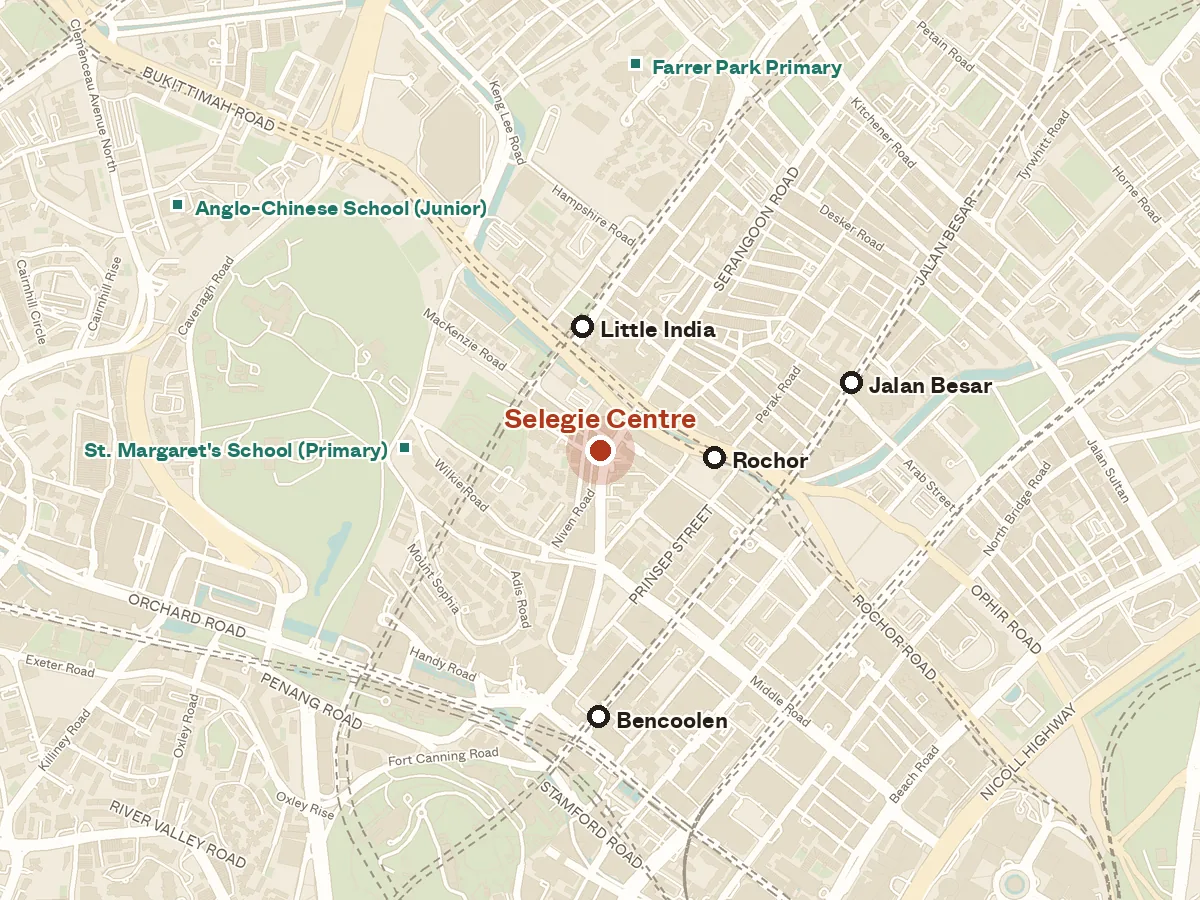 Map of the area around Selegie Centre, with nearby MRT stations and primary schools
