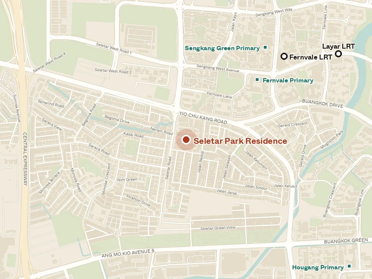 Map of the area around Seletar Park Residence, with nearby MRT stations and primary schools