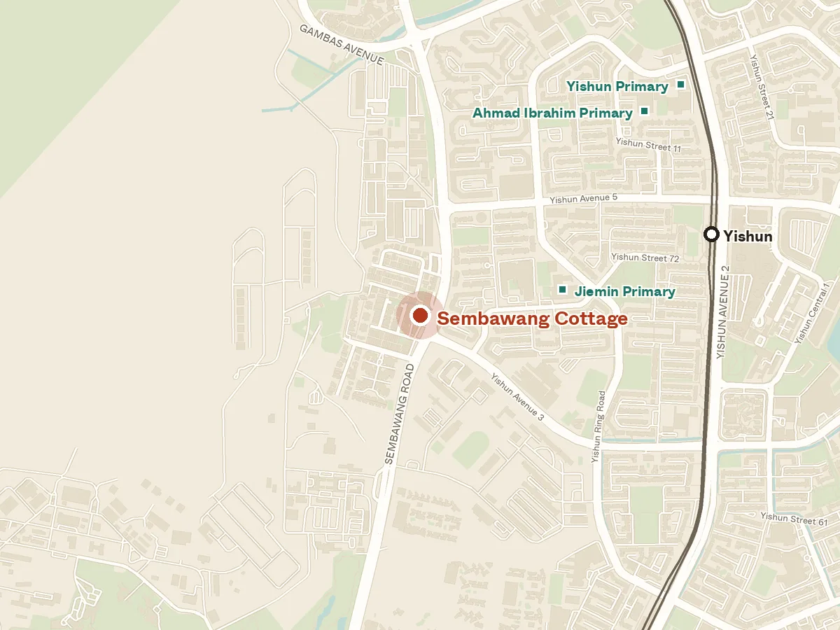 Map of the area around Sembawang Cottage, with nearby MRT stations and primary schools